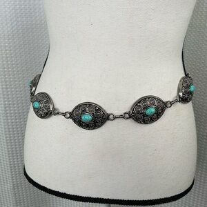 Silver & Turquoise Statement Chain Belt Adjustable Western Boho